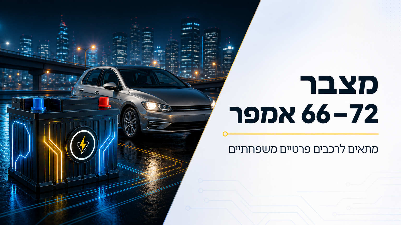 מצבר 66–72 אמפר לרכב משפחתי כולל התקנה עד הבית
